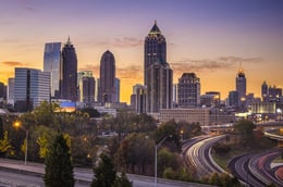 Atlanta, Georgia downtown skyline at sunrise.